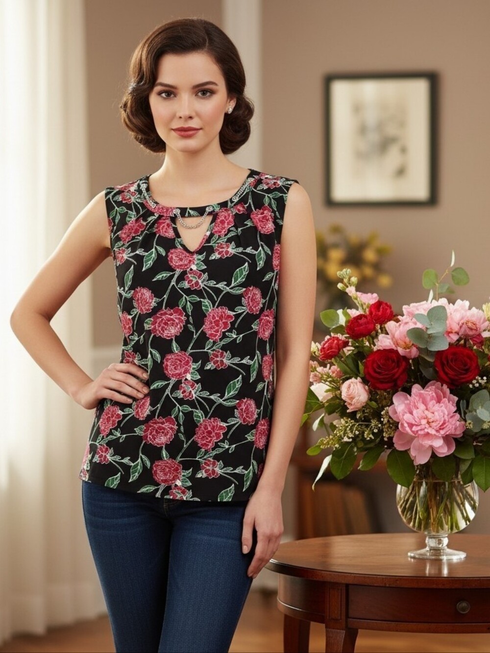 Love Scarlett Red & Black Floral Chain-Neck Top – Sleek & Chic Size Medium